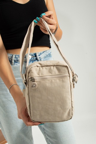 M 227 Mega Bag Krinkıl Kumaş Unisex Küçük Omuz Çantası, Telefonluk Krem