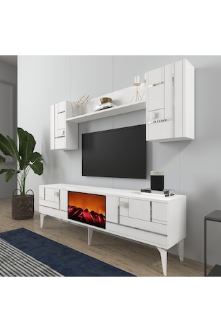 Maddera Şömineli Tv Ünitesi Takımı Beyaz-gümüş
