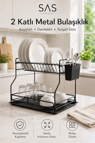 Sas Haus 2 Katlı Metal Bulaşıklık Kaşıklıklı Ve Damlalıklı Tezgâh Üstü Bulaşık Kurutmalık Dtb-02 Siyah