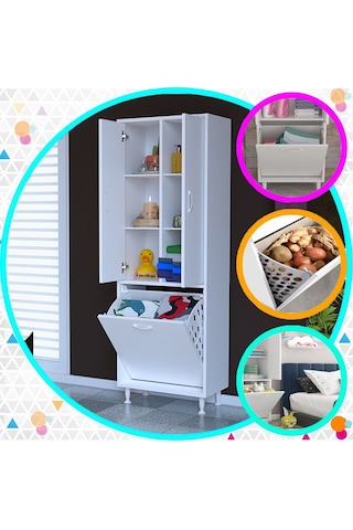 55 X 160 X32,5cm 3 Kapaklı Çok Amaçlı Mutfak Dolabı Sepetli Banyo Dolabı Oyuncak Dolabı Beyaz