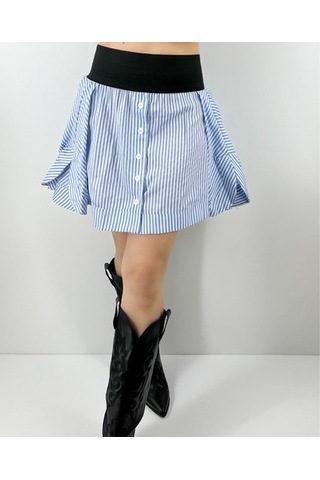 Modaonna Kadın Mavi Beli Lastik Detaylı Çizgili Tasarım Etek Mavi