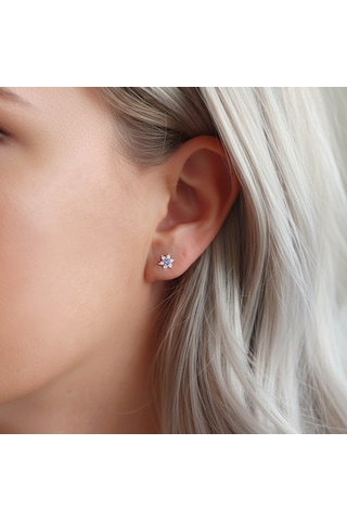 925 Ayar Gümüş Mor Taşlı Minimal Lotus Küpe Gümüş