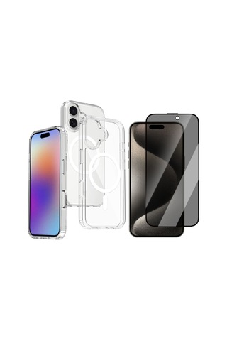 Vendas Apple Uyumlu iPhone 17 Kılıf M-safe Şarj Özellikli Şeffaf Sert Pc Zore Embos Kapak + Privacy Hayalet Ekran Koruyucu Şeffaf