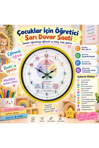 Almira Duvar Saati Çocuklar İçin Öğretici Sarı 36 X 36 Cm Duvar Saati