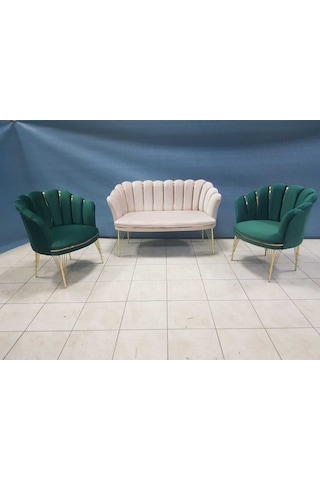 Garden House Papatya Krem Yeşil Babe Face Kumaş Gold Metal Ayaklı Çay Seti Koltuk Takımı Berjer