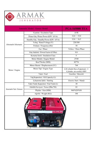 Armak PGA-16500 TEA 16.5 KVA Benzinli Trifaze Portatif Jeneratör
