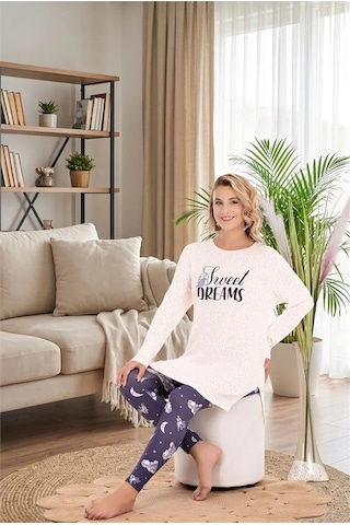 Go İthalat Kadın Şık Tasarım Ay Yıldız Desenli Yumuşak Dokulu Viskon Kumaş Sweet Dreams Yazılı 2'li Pijama Takımı BEYAZ