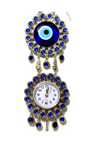 Nikel Zamak Kaplamalı Nazar Boncuklu Gümüş Rengi Mini Duvar Saati Çok Renki