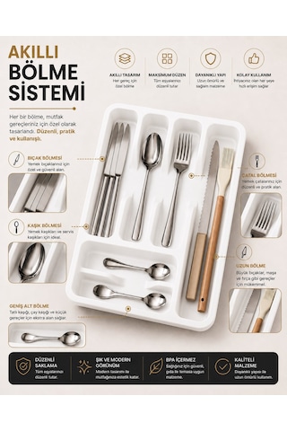 6 Bölmeli Çekmece İçi Kaşıklık, Plastik Çatal Bıçak Organizeri, Mutfak Düzenleyici Beyaz S-11003