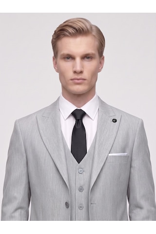 Tk6896 Erkek 3 Parça Slim Fit Çift Yırtmaçlı Takım Elbise Yelekli Şık Klasik Takım 6 Drop Açık Gri