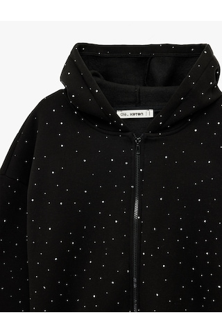 Koton Taş Detaylı Şardonlu Uzun Kollu Kapüşonlu Fermuarlı Sweatshirt Siyah 6sal10412ık Siyah