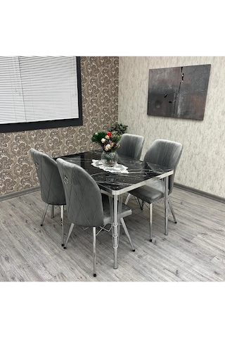 Mutfak Masa Sandalye Takımı Rodonit 80-120 Ck Gümüş 4 Kişilik Mutfak Masası Takımı Gümüş