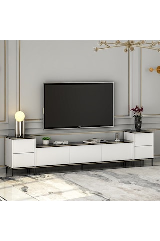 İmaj Tv Ünitesi Ve Komodin Set Traverten/gold, Oturma Odası Set, Tv Sehpası - Beyaz Beyaz