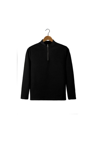 Terapi Men Erkek Siyah Yarım Fermuarlı Basic Düz Sweatshirt Koyu Siyah