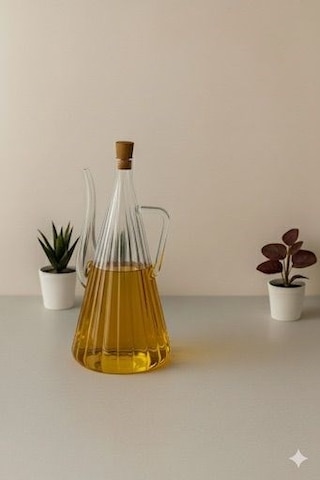 Qerhome Borosilikat Cam Akasya Kapaklı Çizgili Glazzy Yağlık 750 Ml 1 Adet Şeffaf