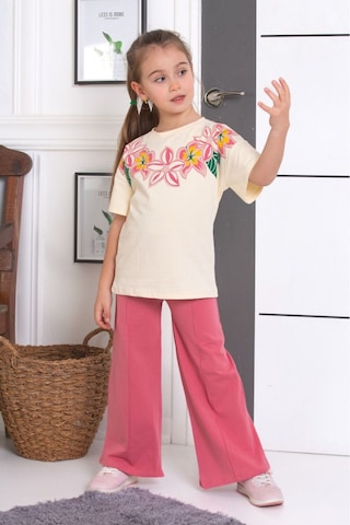 Tunays Shopping İspanyol Paça Tayt Pantolon Çiçek Baskılı Oversize Tshirt Kız Çocuk Alt Üst Takım Pembe