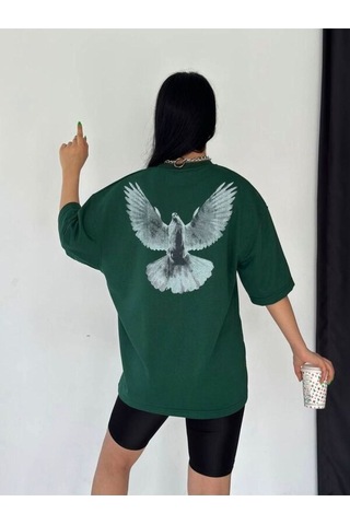 Flood Of Style Unisex Nefti Yeşili Güvercin Baskılı Oversize Yeşil