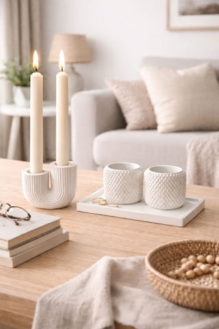 Minimal Dekoratif Mumluk & Altlıklı 2 Li Obje Seti İskandinav Salon Dekoru Beyaz