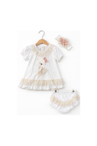 Kardeşler Bebe Dantelli Ayıcıklı Kız Bebek Elbise Takım Saç Bantlı 3 Lü Set Bej