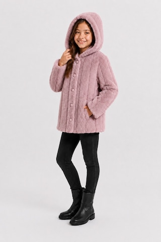 Ahengim Kız Çocuk Kışlık Kapüşonlu Düğmeli Astarlı Dikey Çizgili Peluş Mont Ak4510 Pembe