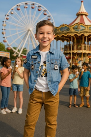 Erkek Çocuk 3'lü Takım Denim Ceket + Astronot Baskılı Tişört + Hardal Pantolon-204 Beyaz