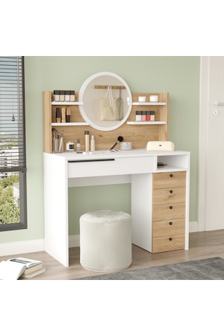 Paris Makyaj Masası Aynalı Çekmeceli Şifonyer Raf Sepet-beyaz