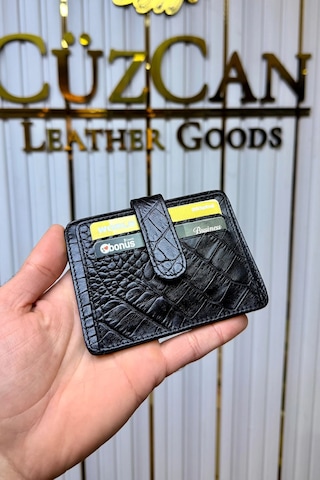 Cüzcan Jorvik Patlı Hakiki Deri Premium Kartlık Kişiye Özel İsim Baskılı Siyah Croco