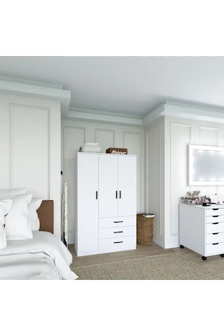Easy Mat Beyaz 3 Kapılı 3 Çekmeceli Çok Amaçlı Elbise Dolabı Beyaz