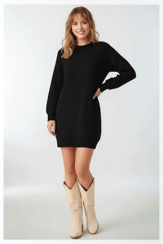 Kadın Kolları Uzun Kendinden Dokulu Bisiklet Yaka Tunik Boy Şık Kışlık Triko Büyük Beden Kazak Siyah