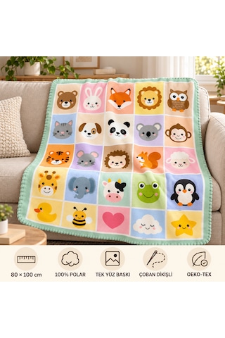 Renkli Kare Hayvanat Bahçesi Serisi Çoban Dikişli %100 Polar Bebek Battaniyesi 80x100 CM Oeko-tex Çok renkli