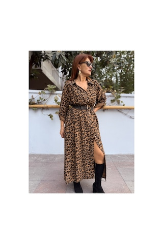 Denizege İtalyan Belmando Leopar Elbise Camel Camel