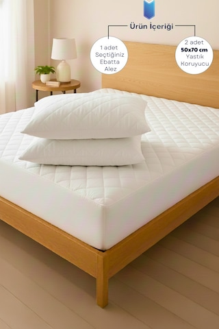 %100 Pamuk Kapitone Fitted Su Sıvı Geçirmez Yatak Koruyucu Alez + 2 Adet Yastık Koruyucu Set Beyaz