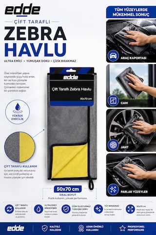 Edde Araba Araç Oto Çift Taraflı Zebra Havlu 50 70 Cm Ekstra Kalın Oto Detailing