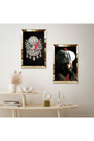 Gold Aynalı Pleksi Çerçeveli Fatih Sultan Mehmet Ve Osmanlı Tuğrası İkili Mdf Tablo Seti