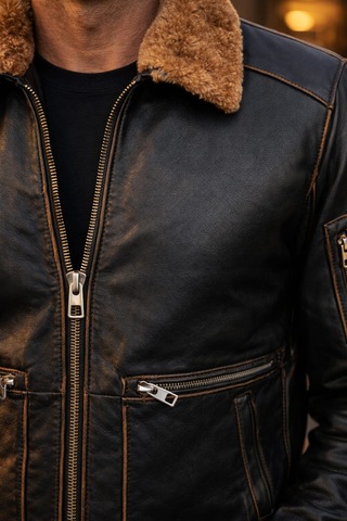 Viamod Leather Erkek Hakiki Deri Ceket Kürk Yakalı Siyah Premium Pilot Model Gerçek Deri Mont Üretici Garantili Siyah Eskitme