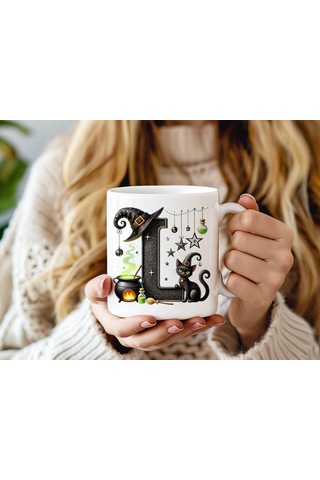 L Harfli Halloween Kedili Figür Kupa Bardak - Şapkalı Ve Kazanlı İsme Özel Kupa - Hediye 07 Beyaz