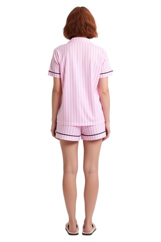 Ersefa Kadın Gömlek Şortlu Çizgili Pijama Takımı Fonksiyonel Dayanıklı K Pembe