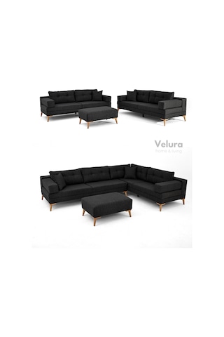 Zeri Yataklı Puzzle Modüler Köşe Koltuk Takımı & Puflu Köşe Takımı - Siyah - 111 Siyah