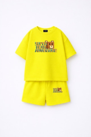 Fasardi Super Bear Adventure Süper Ayı Baskılı Oversize %100 Pamuk Tişört Şort 2li Çocuk Takım Sarı