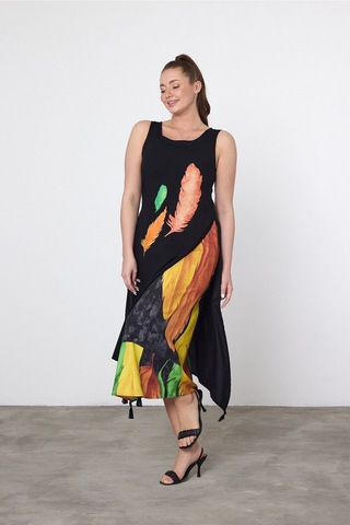 Schık Kadın Yazlık Bol Kolsuz Rahat Baskılı Elbise Turuncu