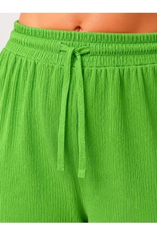 Efnaz Style Battal Beden Bürümcük Kumaş Beli Lastikli Bağcıklı Bol Paça Palazzo Pantolon - Yeşil