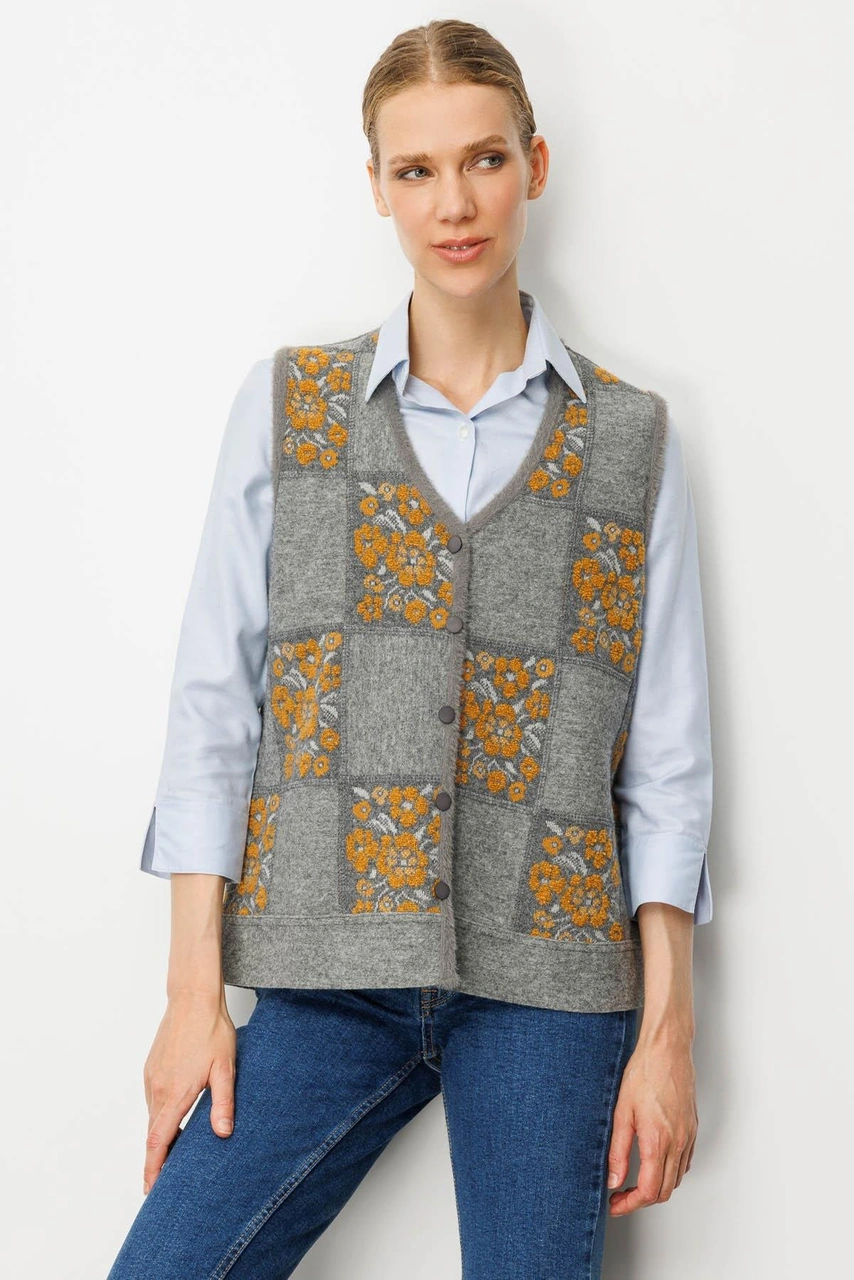 Desen Triko Kadın Pıtırcık Çiçekli Patchwork Keçe Yün Yelek Y.füme Hardal Y.füme Hardal