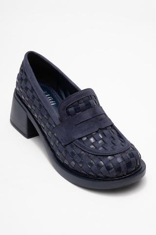 Luvishoes Luvi Shoes Marlon Lacivert Örgülü Kadın Kalın Topuklu Loafer Ayakkabı Lacivert