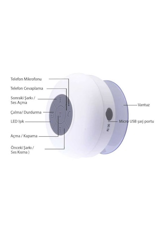Su Geçirmez Mini Bluetooth Duş Hoparlörü Beyaz