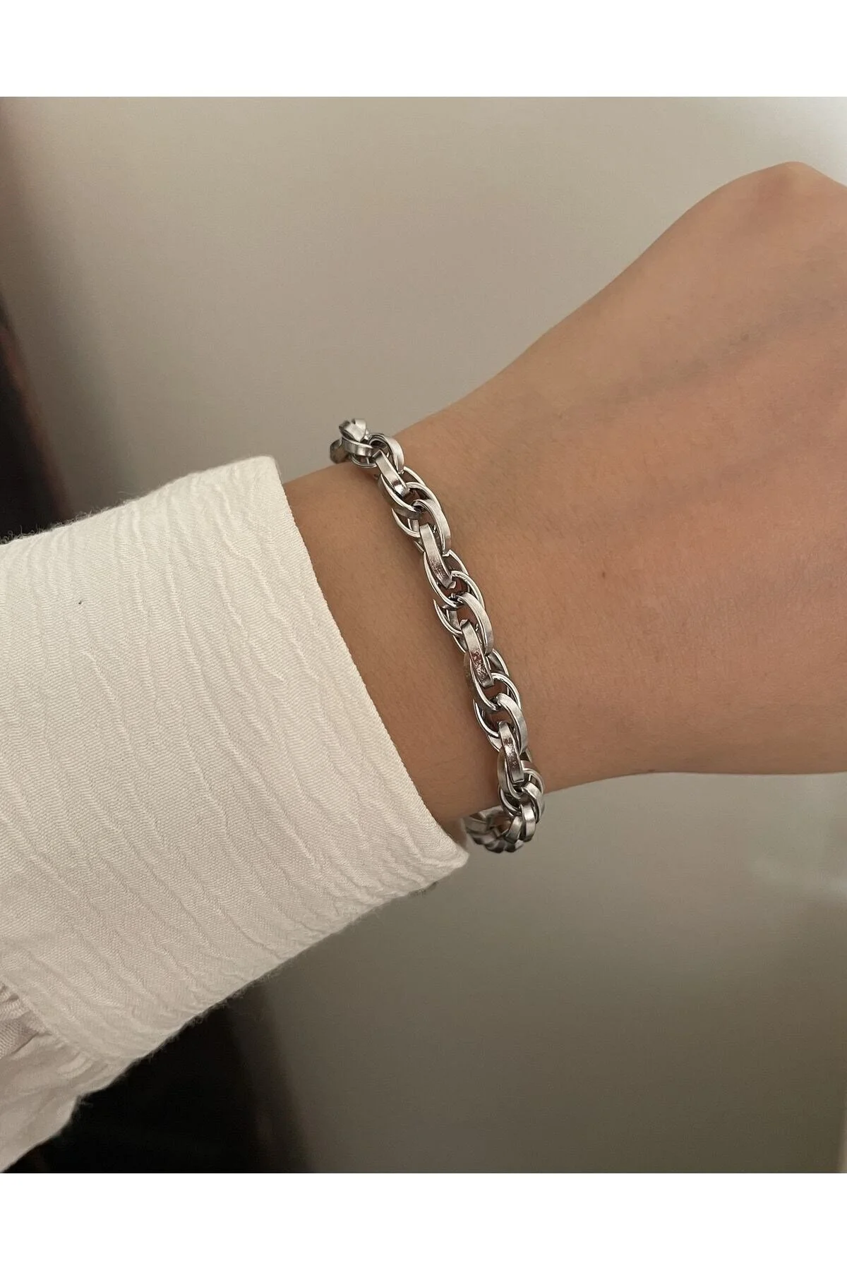 Unisex Gümüş Kaplama İç İçe Geçmeli Zincir Halat Çelik Bileklik