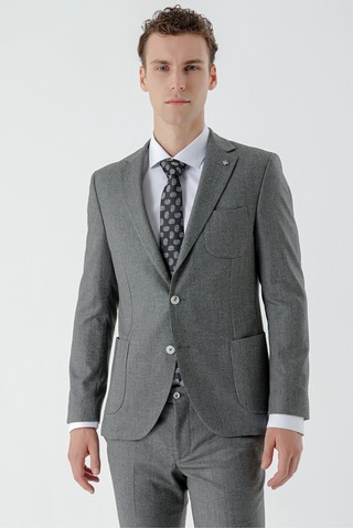 Morven Erkek Gri Poliviskon Trend Desenli Slim Fit Mono Yaka Takım Elbise Gri