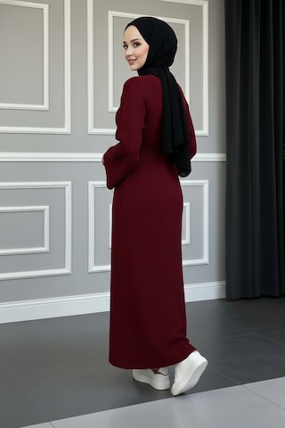 Defymoda Kadın Kırmızı Ribanalı / Fitilli Uzun Tesettürlü Kışlık Elbise - Çan Kol Detaylı Astarlı/örme Kırmızı