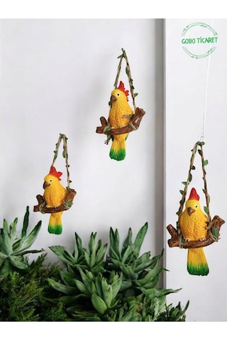 3 Adet Dekoratif Sallanan Duvar Ve Bahçe Süsü Kuş Biblo Sarı