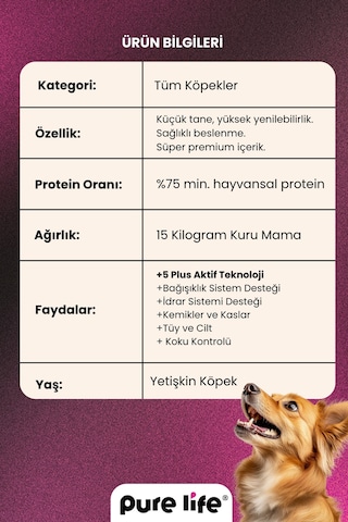 Purelife Premium Kuzulu Yetişkin Köpek Maması 15 KG