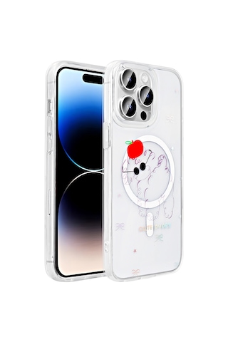 Techaks Apple Uyumlu iPhone 14 Pro Kılıf M-safe Şarj Özellikli Şeffaf Zore Folk Sert Kapak - Sevimli Köpek Beyaz